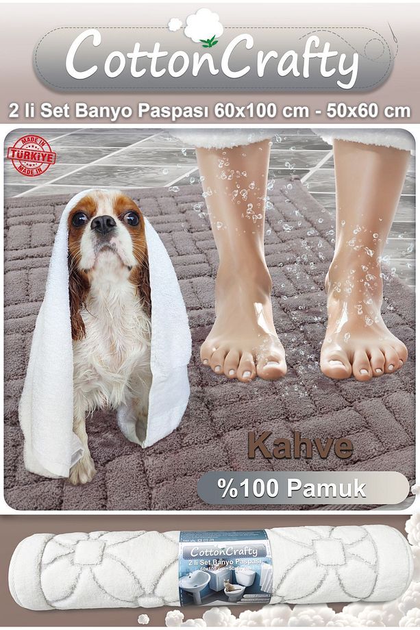 %100 Pamuk Dokuma Banyo Paspas Seti, Banyo Halısı Domino 2 Li Set 60x100 - 60x50 - 3