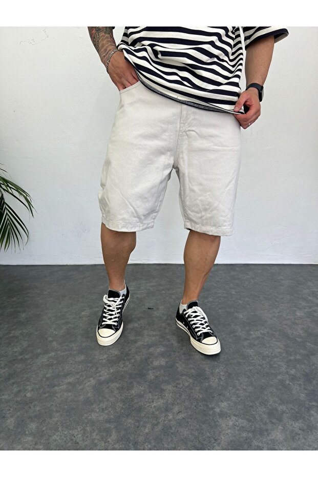 Men's White Premium Baggy Fit Jeans Capri Comfortable Fit Denim Shorts