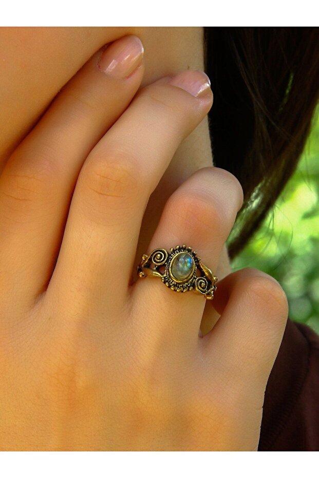 Natural Stone Labradorite Natural Stone Inlaid Antique Embroidered Adjustable Women's Ring Euy36L