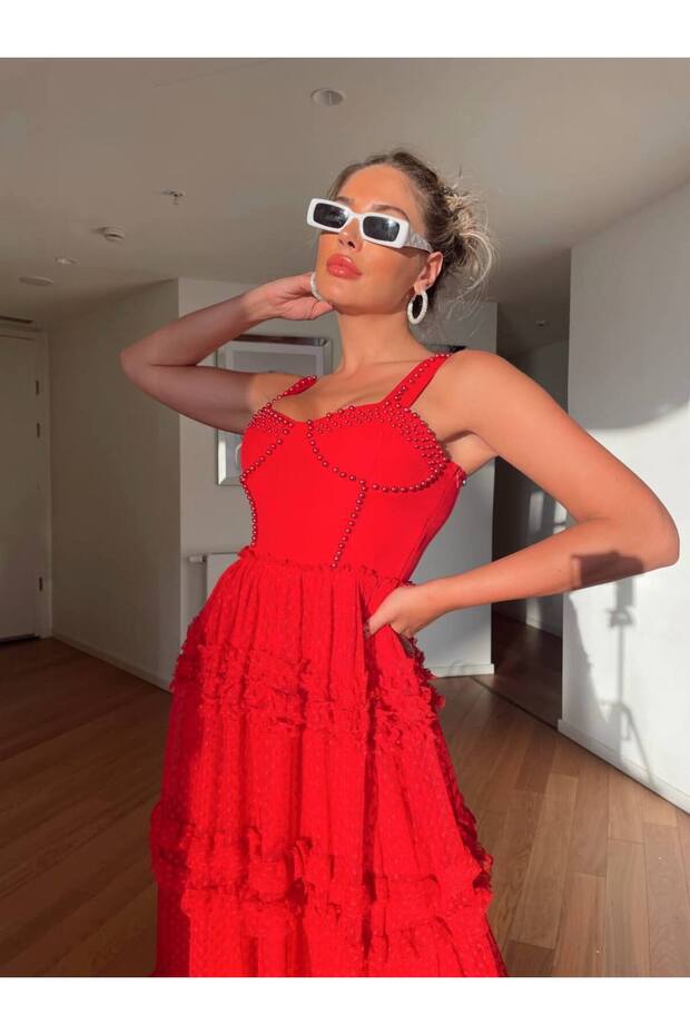Women's Red Imported Fabric Chest and Strap Pearl Embroidery Skirt Polka Dot Pattern Design Lined Dress