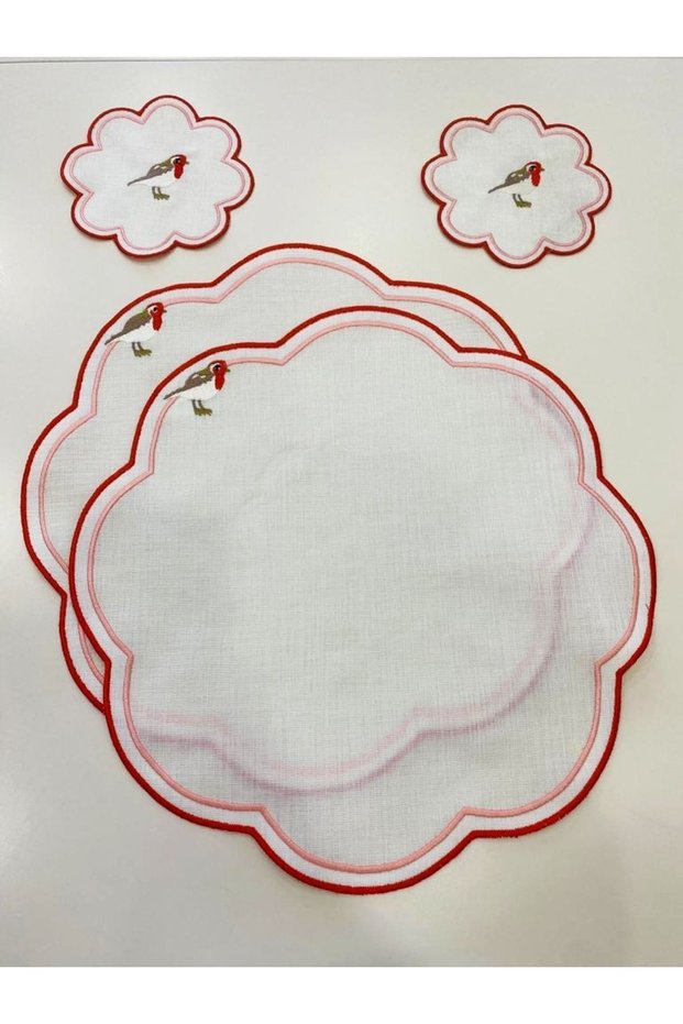 4 Pieces First Quality Linen Love Birds Embroidered American Serving Charger and Presentation Napkin
