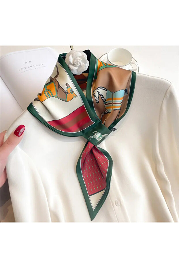 Kravat Eşarp Yeşil Atlı Desen - 1