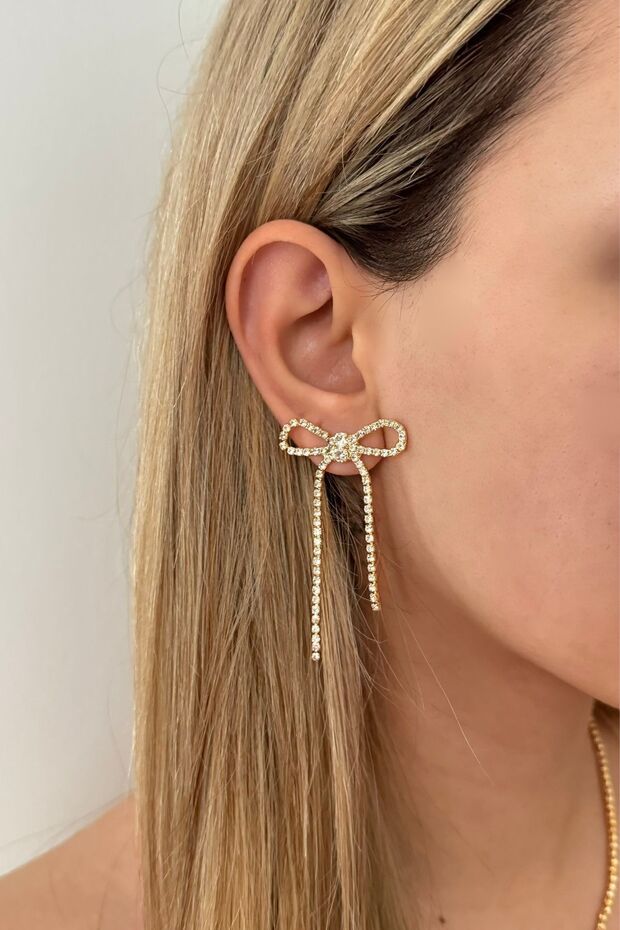Gold Zircon Stone Bow Earrings - 1