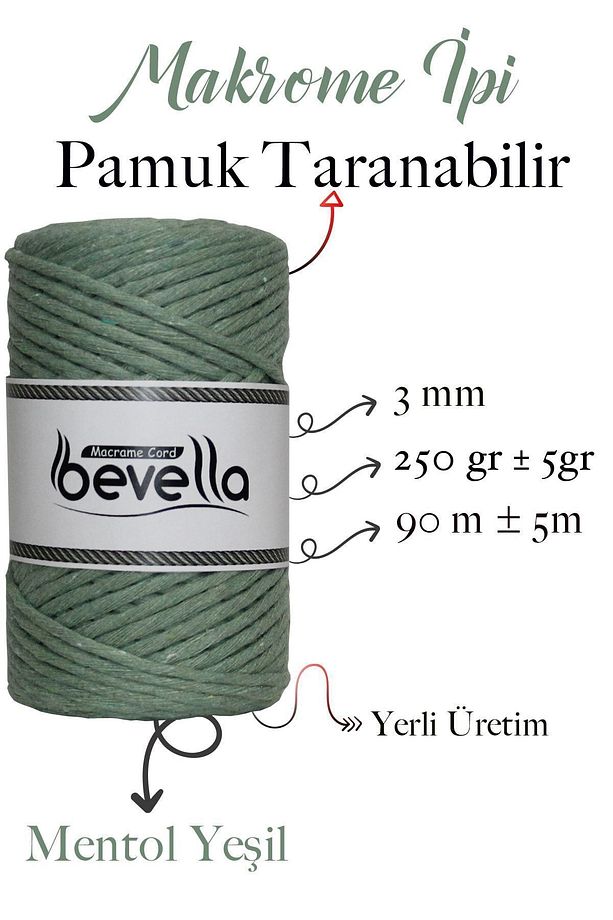 Taranan Makrome Ipi 3mm Taranabilir Pamuk Tek Büküm Makrome Ipi Mentol Yeşil - 2