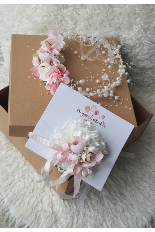Mother's Maternity Crown with Pink Flowers and Pearls and Postpartum Bracelet