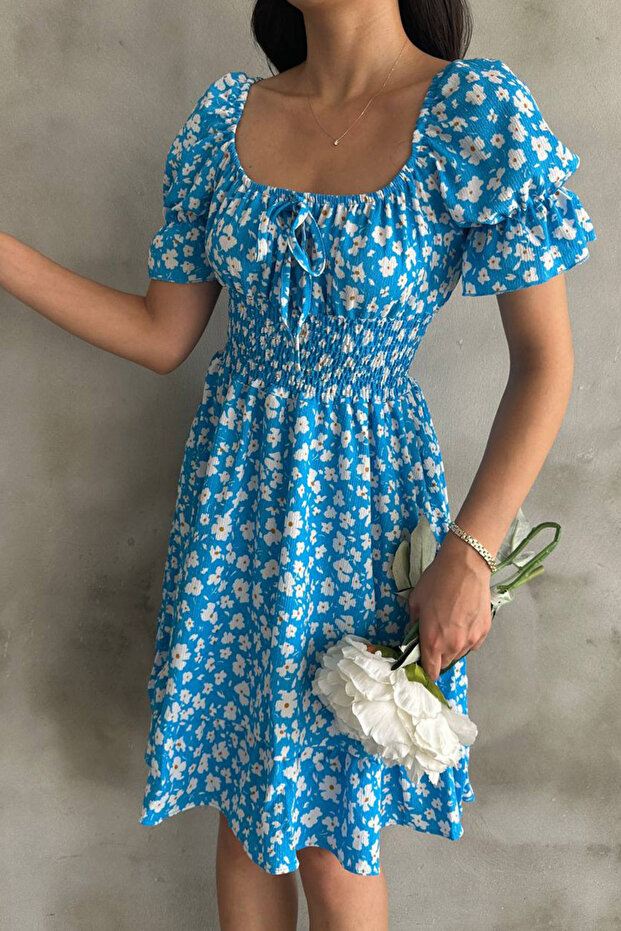 Gipeli Balloon Sleeve Princess Square Neck Off Shoulder Daisy Patterned Wrinkled Dress