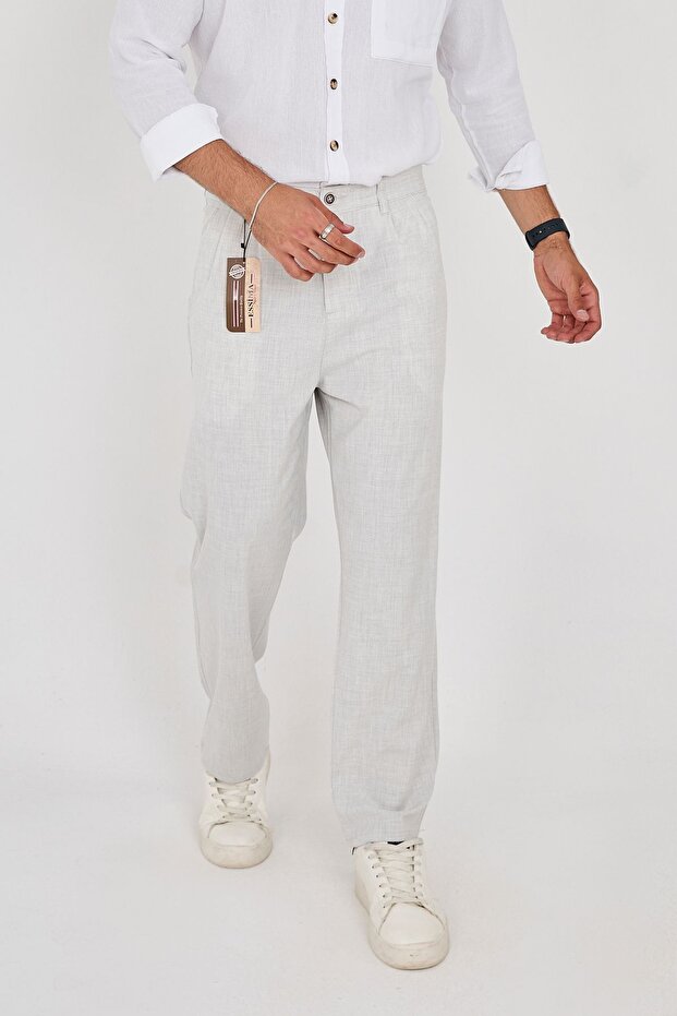 Men's Light Gray Baggy Fit Elastic Waist Double Pleated Comfortable Fabric Trousers