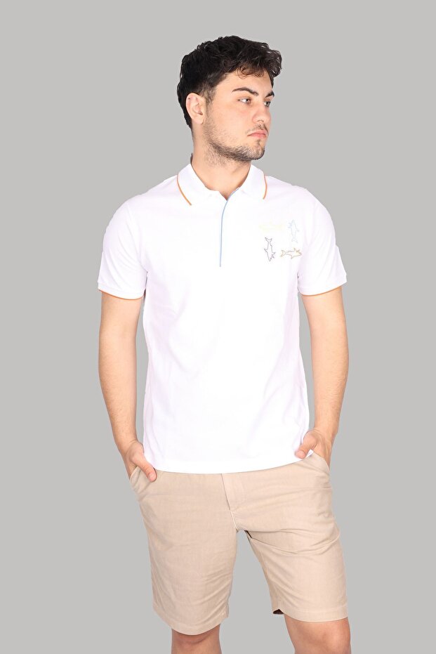 Men's White Polo Neck T-Shirt - Short Sleeve, Button Closure24411332-010