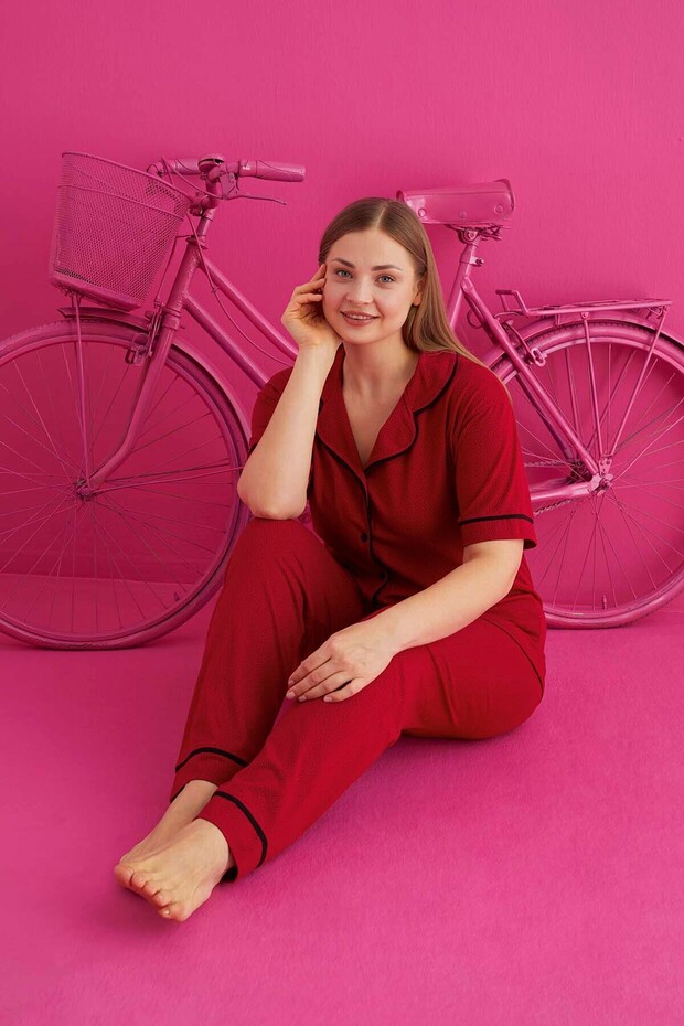 PAMUKLU LİKRALI BATTAL DÜĞMELİ PİJAMA TAKIM - 1