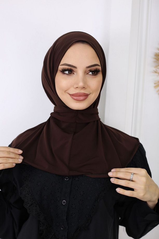 Tesettür Kadın Çıtçıtlı Hijap Bone Hazır Türban Şal _Acı Kahve - 1