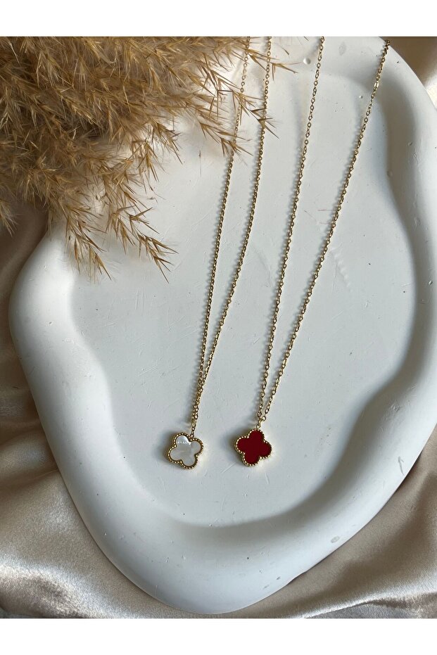 Çelik  Yonca Mineli Kolye - 5