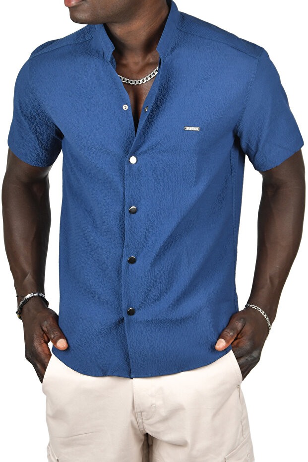 Men's Navy Blue Seersucker Fabric High Collar Slim Fit Lycra Snap Fastener Short Sleeve Shirt 2403018