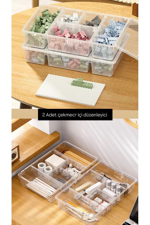 2 Adet Luna Kapaklı Çekmece Düzenleyici Lego Saklama Kutusu Ofis Masa Üstü Oyuncak Organizer - 3