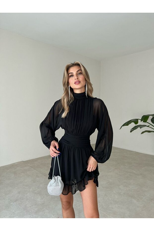 Stand Collar Chiffon Mini Dress