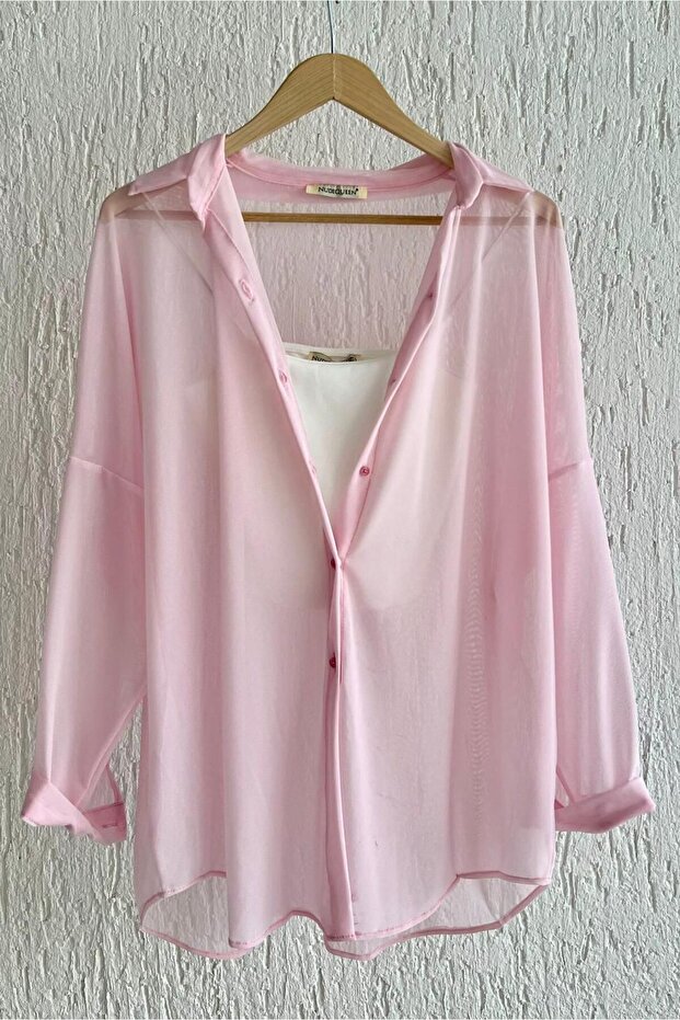 Kadın Basic Oversize Tül Gömlek - 5