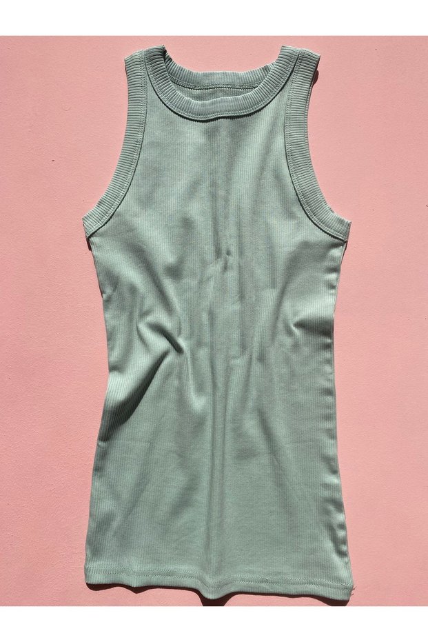 Halter Neck Ribbed Cotton Premium Texture Camisole 1 Piece Green Color Knitted Women's T-Shirt Undershirt