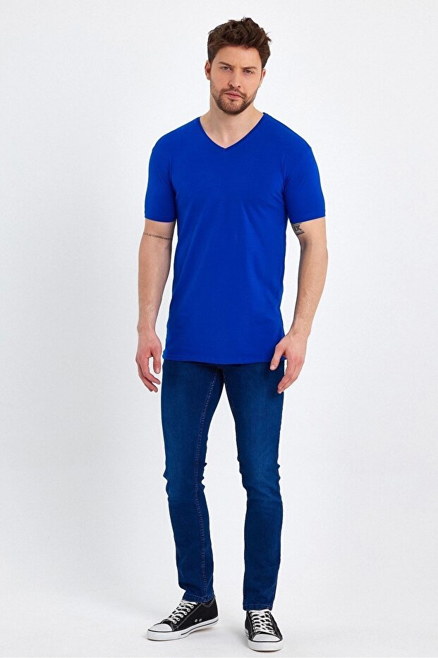 Erkek V Yaka Basic Lacivert Tişört - 2