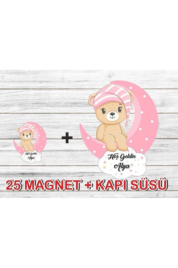 25adet Magnet +Kapı Süsü Ay Üstünde Oturan Kız - Erkek Ayıcık Magnet  Pembe-Mavi - 1