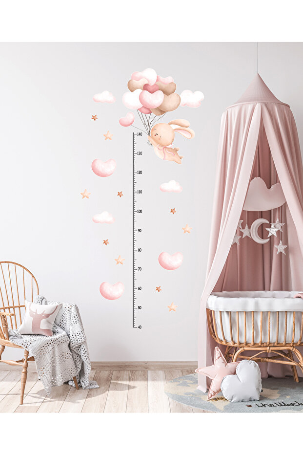 Cute Rabbit Cloud and Stars with Hearts and Flying Balloons Height Meter Children's Room Wall Sticker