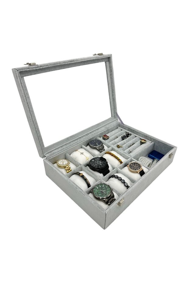 Watch And Jewelry Box Gray Suede Fabric Coated Glass