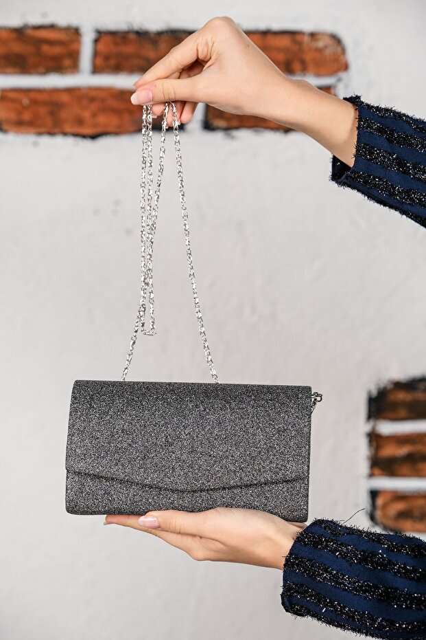 Women's Anthracite Glitter Sand Mini Box Shoulder Evening Dress Bag