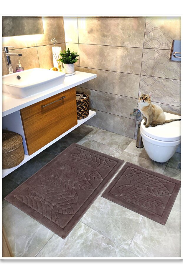 Cotton Woven Bath Mat Set, Bathroom Rug Leaf Set of 2 60X100 - 60X50 Brown