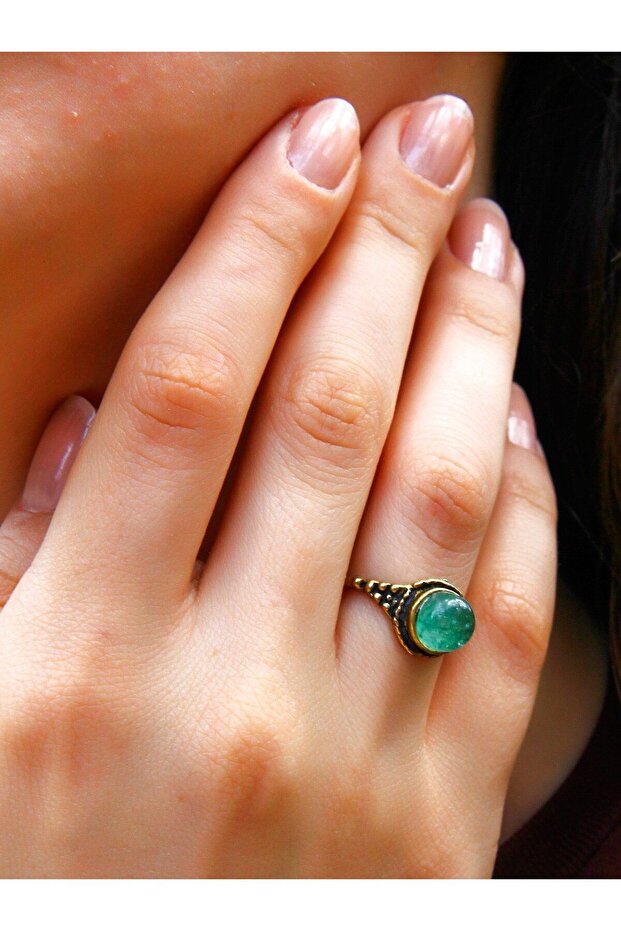 Natural Stone Round Green Agate Natural Gemstone Women's Adjustable Ring Euy35Ya