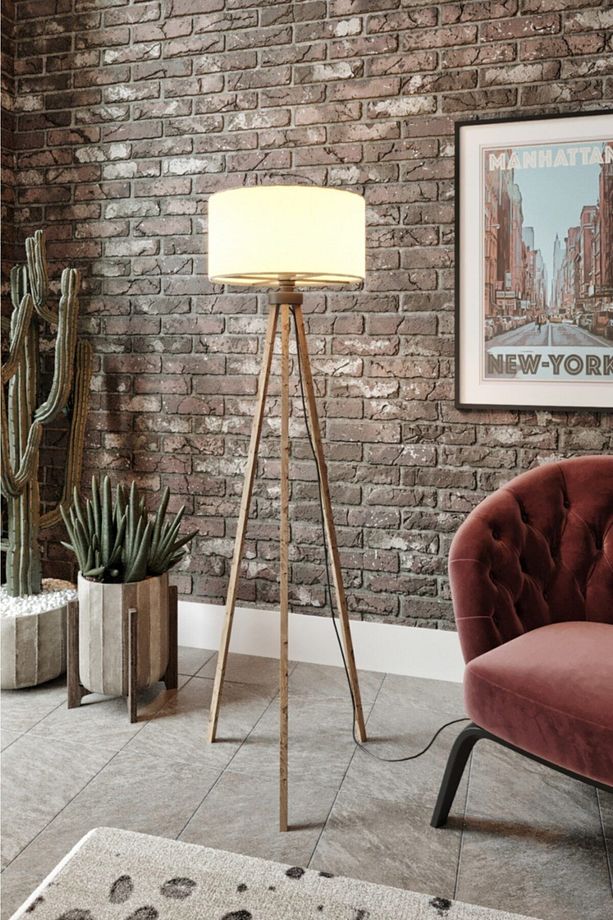 Krem Başlıklı Eskitme Ayaklı Tripod Lambader - 5