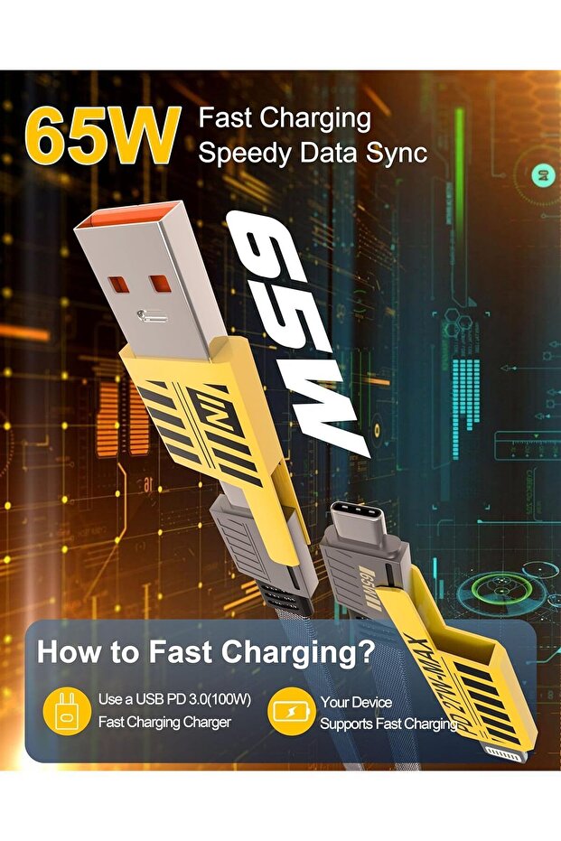 4 In 1 Type-c Usb Lightning 27w Ve 65w Pd Hızlı Şarj Kablosu Metal Uçlu Kırılmaz Hasır Örgü - 3