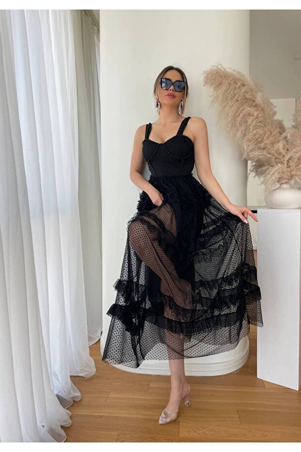 Women's Black Imported Fabric Lined Dress with Chest and Strap Pearl Embroidery, Skirt, Polka Dot Pattern Design
