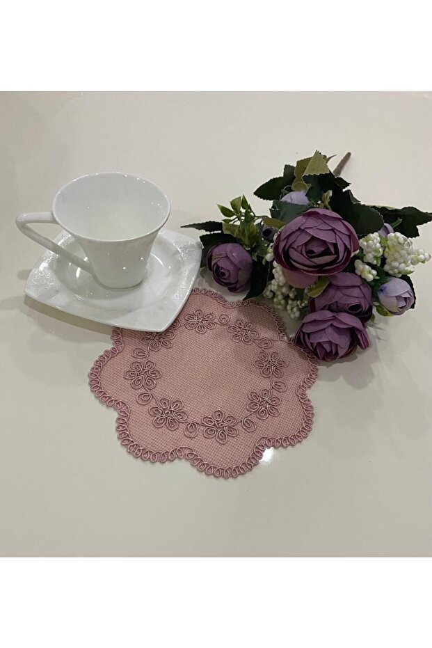 6 Pieces Linen Fabric Corded Embroidered Coffee Side Presentation Napkin & Coaster