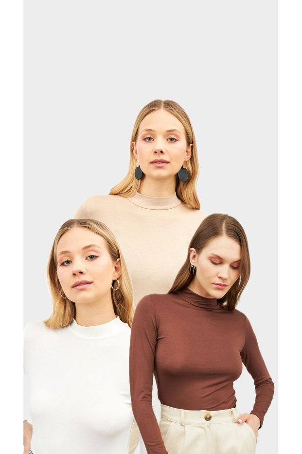 Women's White Cream Brown 3-Piece Turtleneck Bodysuit
