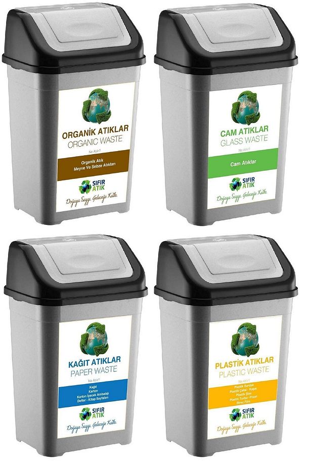 Sıfır Atık Kutusu 50 Lt* 4 Adet Geri Dönüşüm Kutusu Plastik Tek Kapaklı kağıt organik cam plastik - 1