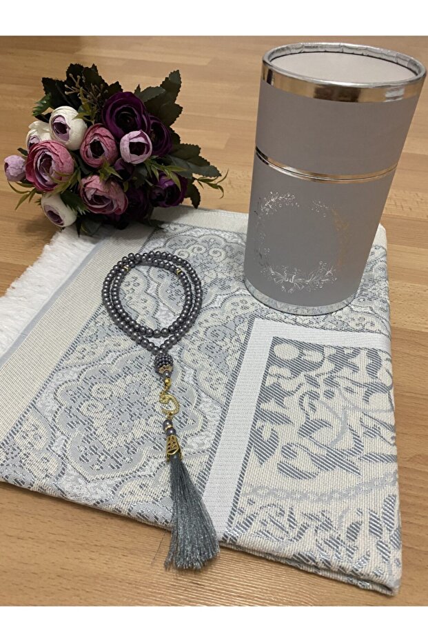 Dowry Gift Boxed Silver Prayer Rug Set Luxury Taffeta Prayer Rug Pearl Prayer Beads