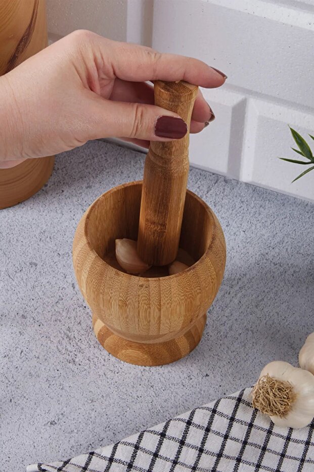 Doğal Bambu Ahşap Sarımsak Ezeceği Havan Orta Boy - 2