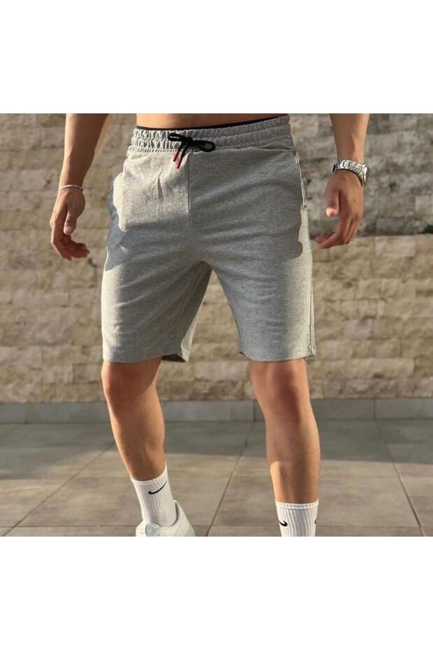 شورت قطني ممشط للرجال باللون الرمادي بدون نمط - 1