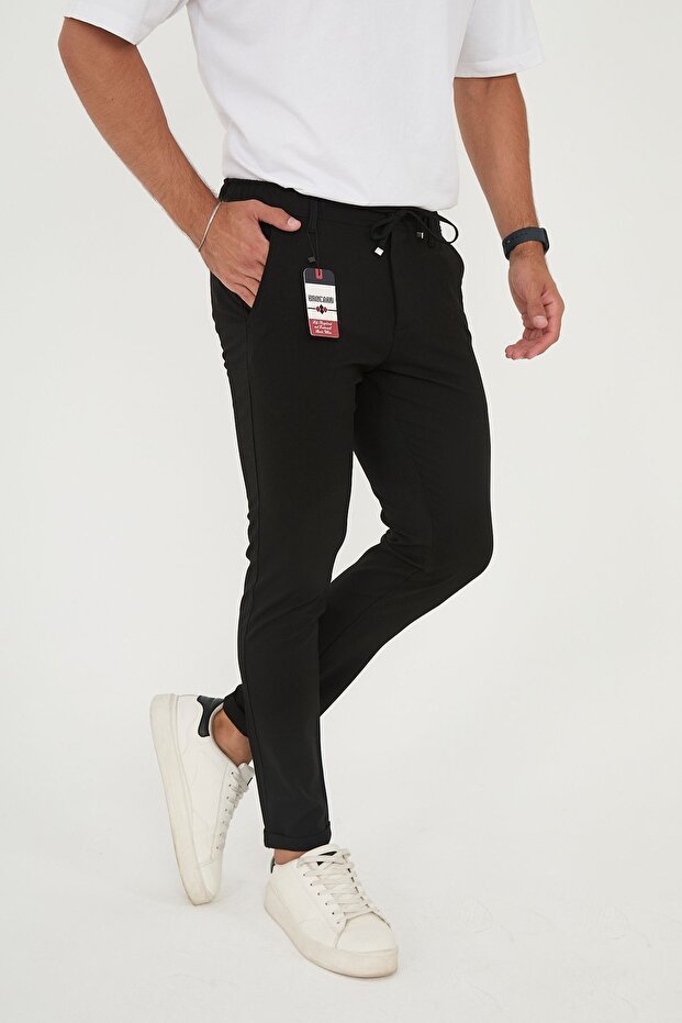 Men's Jogger Slimfit Waist Half Elastic Double Leg Black Fabric Trousers