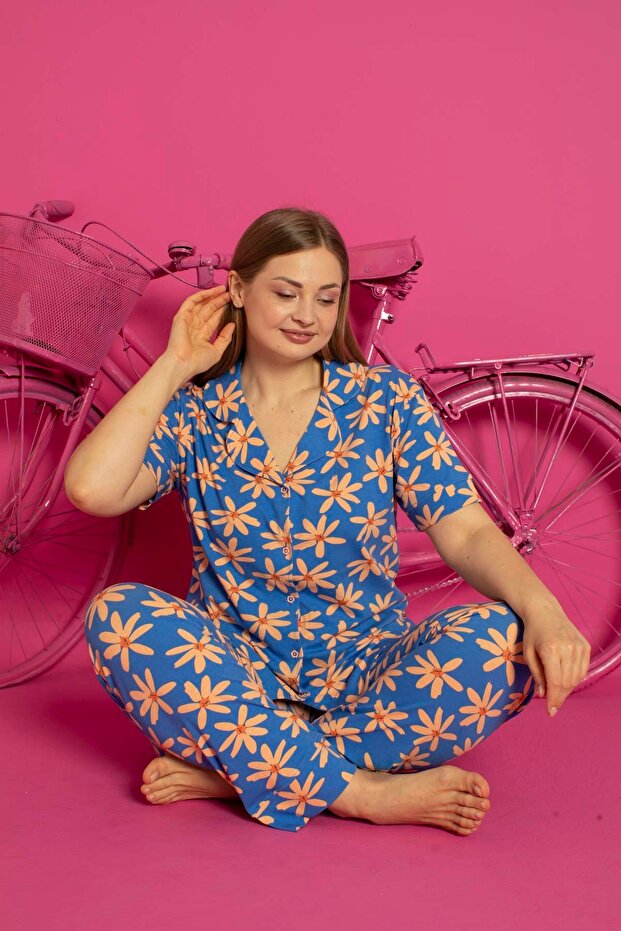 PAMUKLU LİKRALI BATTAL DÜĞMELİ PİJAMA TAKIM - 1