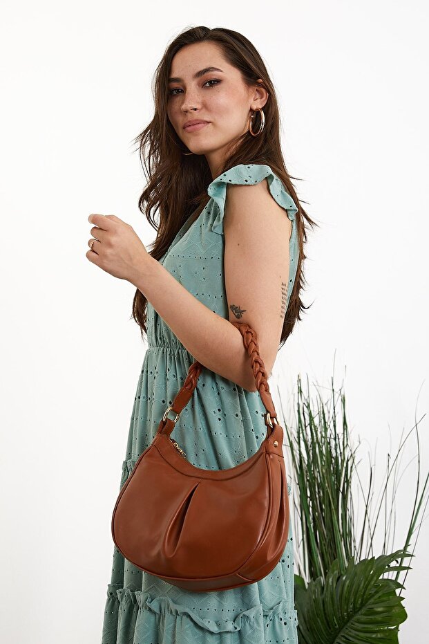Pileli Sapı Örgülü Taba Baget Çanta - 3