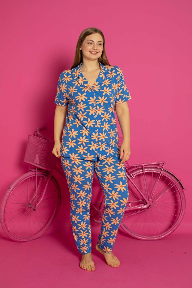 PAMUKLU LİKRALI BATTAL DÜĞMELİ PİJAMA TAKIM - 2