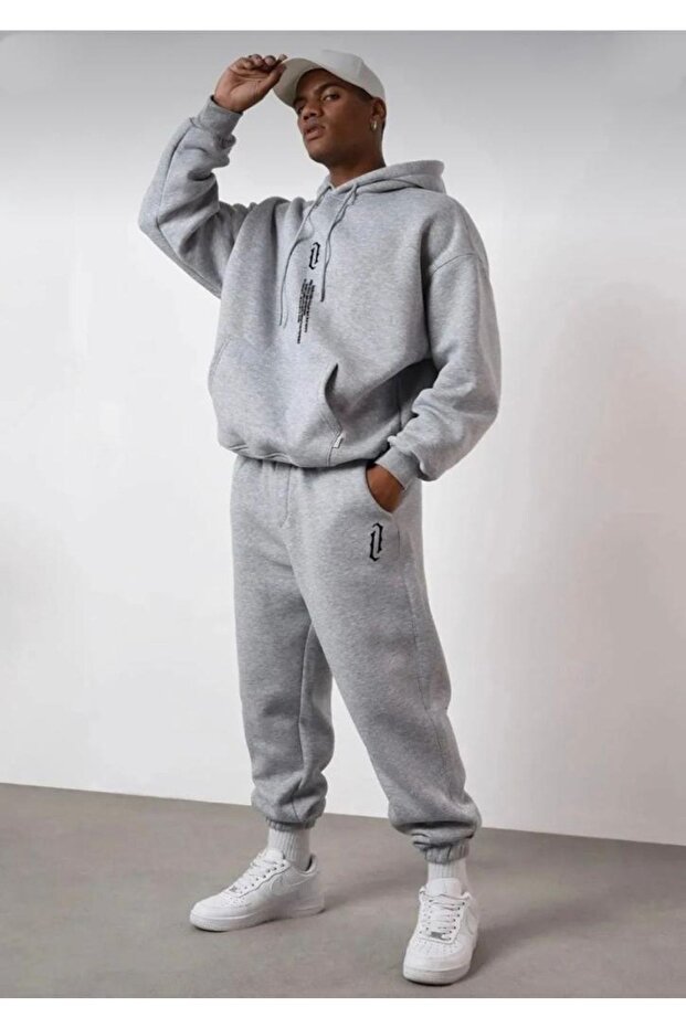 Men's Gray Vertical Printed Hooded Sweatshirt, Gray Hook Printed Winter Sweatpants Set