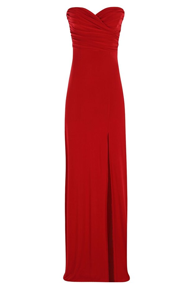 Red Sweetheart Neckline Strapless Deep Slit Front Draped Long Evening Dress
