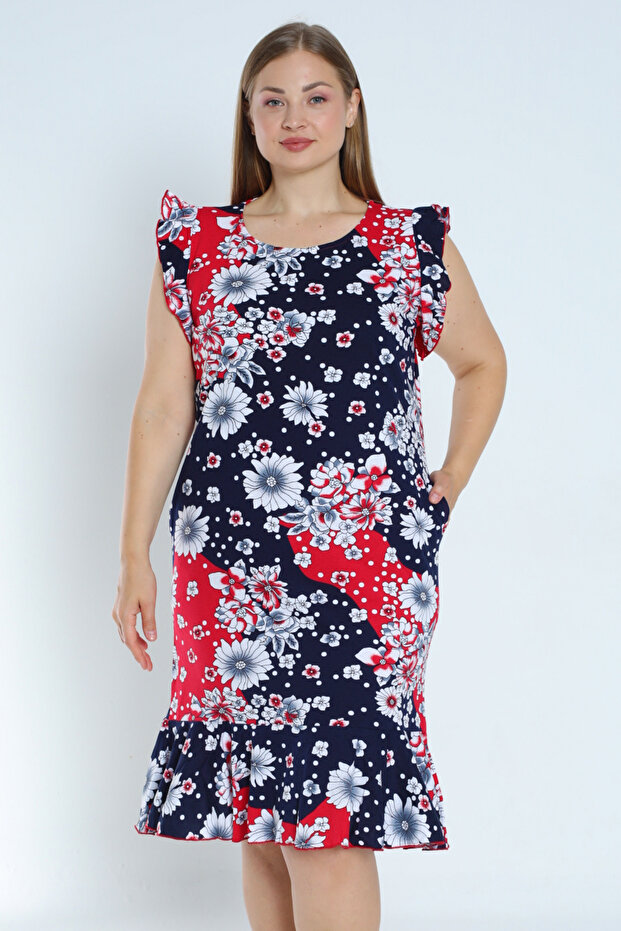 Women's Navy Blue Plus Size Patterned 100% Cotton Pocketed Dress with Ruffled Sleeves and Skirt