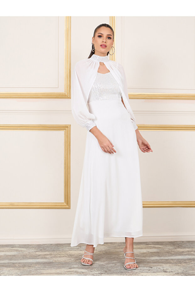 Sequin Detail Strappy A-Line Dress with Removable Cape Sleeves