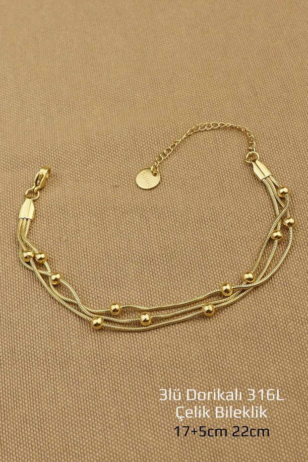 Steel Bracelet- Triple Chain Dorica Beaded Bracelet Non-Tarnish Colorfast 316L Steel Bracelet 17+5cm