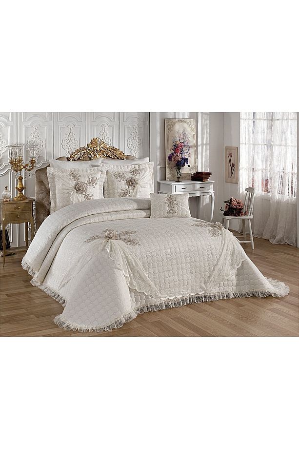 Çeyizlik Yatak Örtüsü ( Set 4 Parçası ) Fransız Dantelli Ve Kapitoneli Yüksek Kalite Goncagül - 1