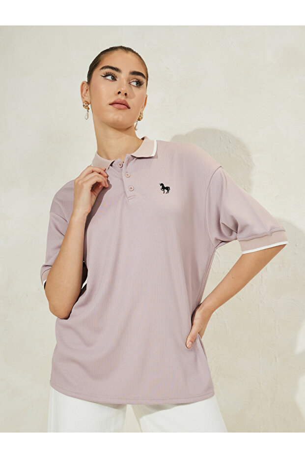 Oversized Solid Ribbed Polo T-Shirt