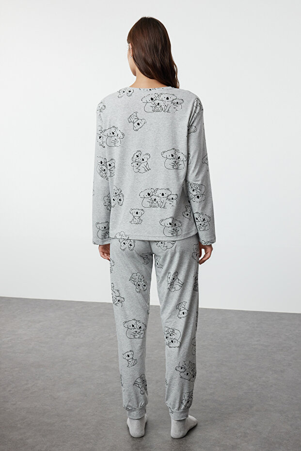 Bawełniana szara melanżowa piżama ze wzorami zwierzęcymi - THMAW25PT00020 - 8