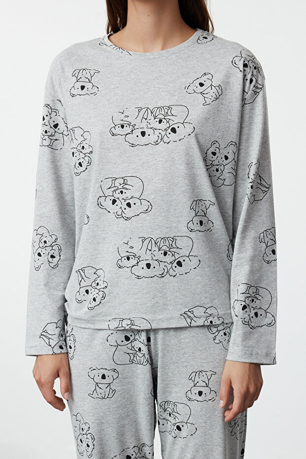 Bawełniana szara melanżowa piżama ze wzorami zwierzęcymi - THMAW25PT00020 - 13