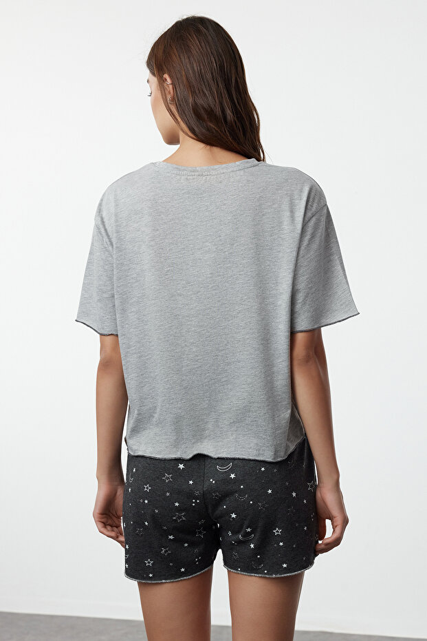 Szary melanż Galaxy Wzorzyste Dziecięce Overlockowe Szorty Dzianinowe Piżamy Zestaw Thmss24Pt00203 - 5